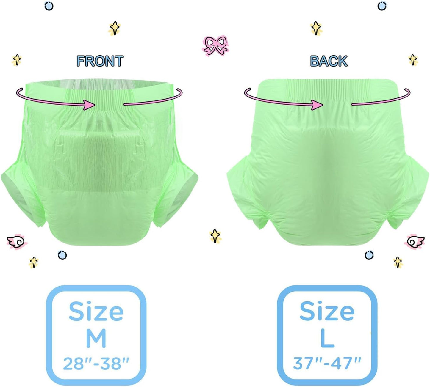 CutiePlusU Disposable Adult Diaper Heavy Absorption Dry Surface Adult Diapers All Night- Green 10 Pieces (Large 37"-47")