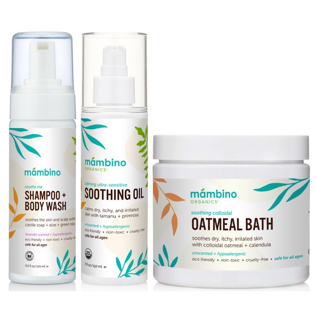 Mambino Organics Soothing Bath Set, Organic Oatmeal Bath Soak, Soothe Me Shampoo & Body Wash, and Calming Oil, Gentle for Sensitive Skin, Vegan, Baby Bath Essentials, 3-Pack, 5.5 oz Each