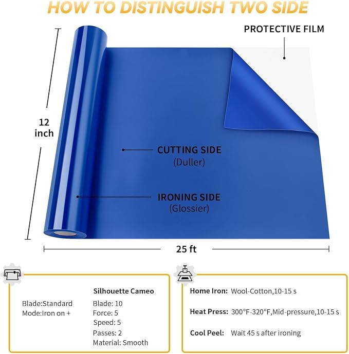 VinylRus Heat Transfer Vinyl-12” x 25FT Iron on Vinyl Roll