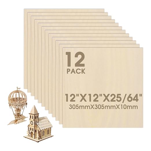 12 Pack Basswood Sheets 12"×12"×25/64" Unfinished Plywood Sheet | Smooth Thin