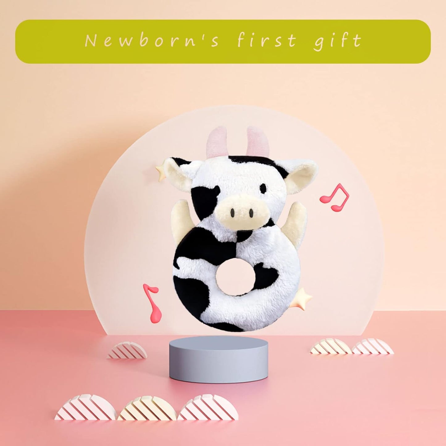 Baby Cow Soft Rattle Toy, Dairy Cattle Plush Infant Shaker Rattle Easy-Grasp Stuffed Animal Toy, Gifts for Newborns Babies Toddlers Boys Girls, Pink Horns, 6 Inches