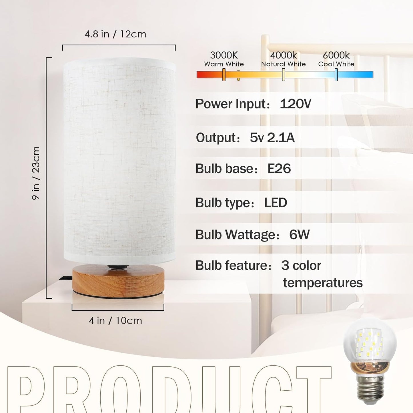 3-Color Adjustable Bedside Table Lamp for Bedroom Set of 2,Minimalist Wood Base&Round Fabric Shade,Cozy Lighting Nightstand Boho Lamp,Reading Desk Night Stand Light for Room,Office,kitchen,Nursery