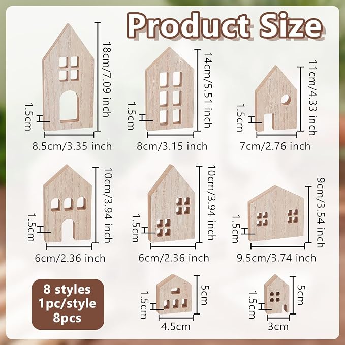 OLYCRAFT 8 Piece Wooden House Blocks Blank Unfinished House Block MDF Craft