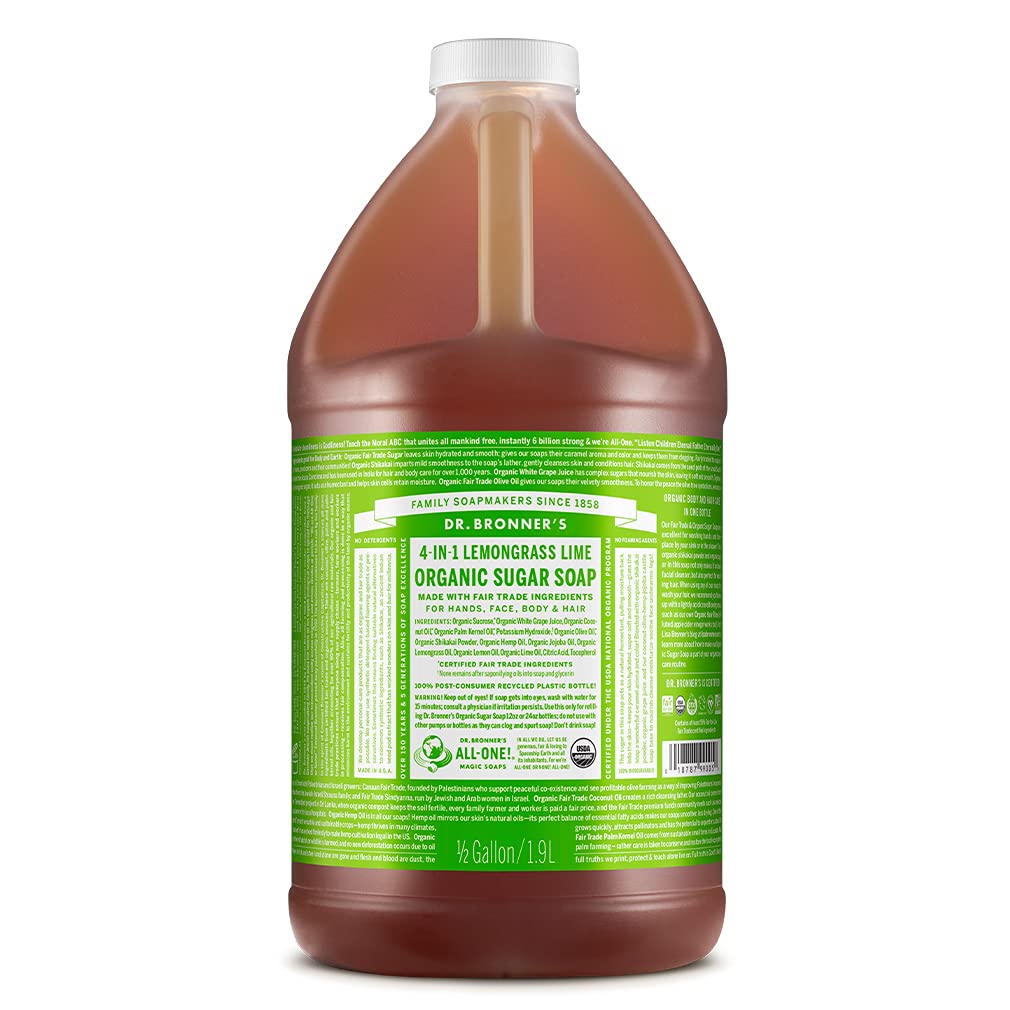 Dr. Bronner's - Organic Sugar Soap (Lemongrass, 64 Ounce) - Made with Organic Oils, Sugar and Shikakai Powder, 4-in-1 Use: Hands, Body, Face and Hair