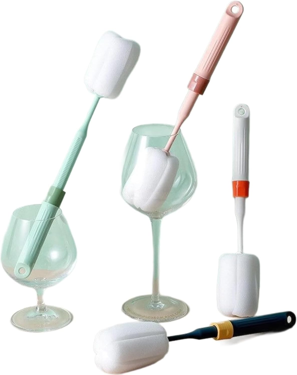 Dishwashing Foam Sponges Brush Telescopic Long Handle Scrubbing Brushes for Clean Dishes, Sinks ，Cookware，Coffee Glasses Pot Milk Cup Mugs Wine Bottle (4pcs+4straw Brush)