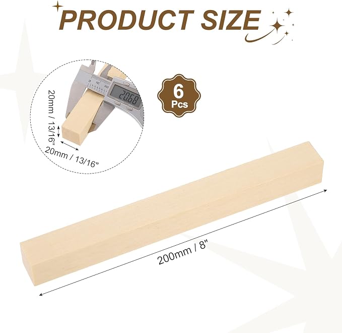 MECCANIXITY 6Pcs Basswood Sticks, 13/16" x 13/16" x 8" Square Wooden Dowel Rods