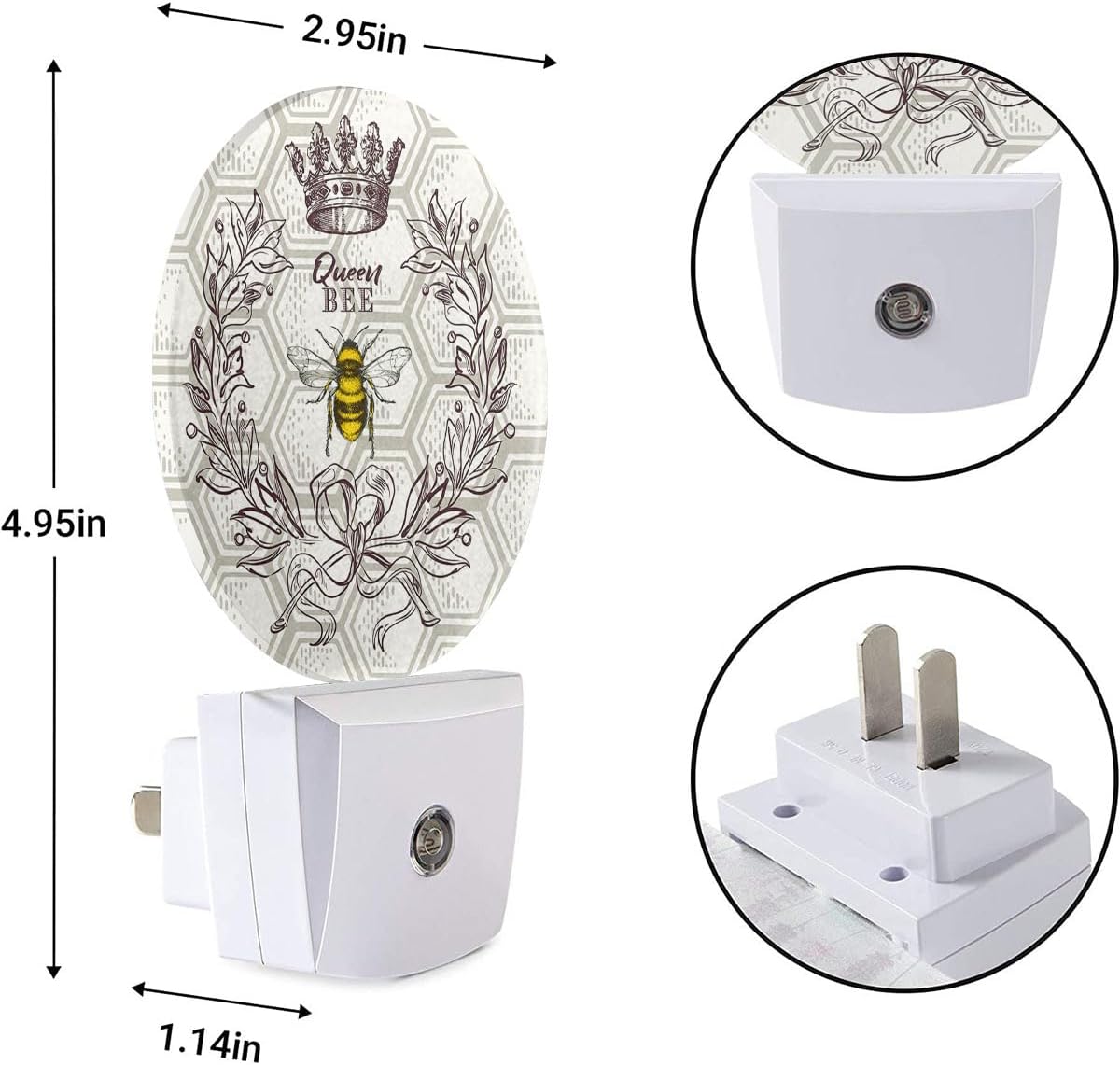 EKOBLA Queen Bee Night Light - Round LED Wall Plug-in Nightlights with Auto Sensor, Dusk to Dawn Lighting for Bedroom, Hallway & Kitchen (Bee Theme)