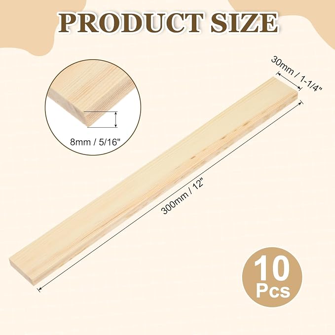 MECCANIXITY 10Pcs Wood Strips Slats, 5/16" x 1‑1/4" x 12" Thin Wood Sticks Flat