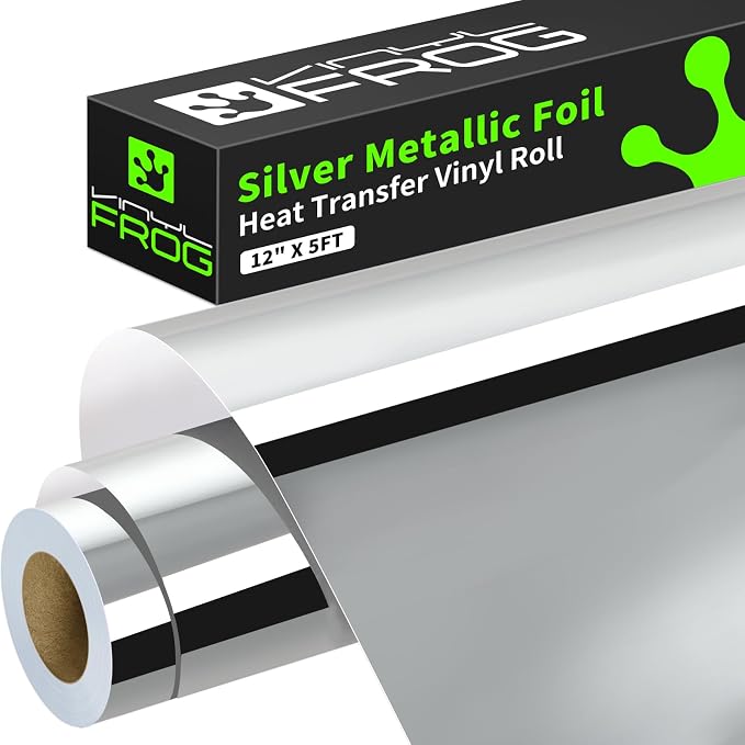 VINYL FROG Silver Metallic Foil Heat Transfer Vinyl 12" x5ft Silver HTV Vinyl
