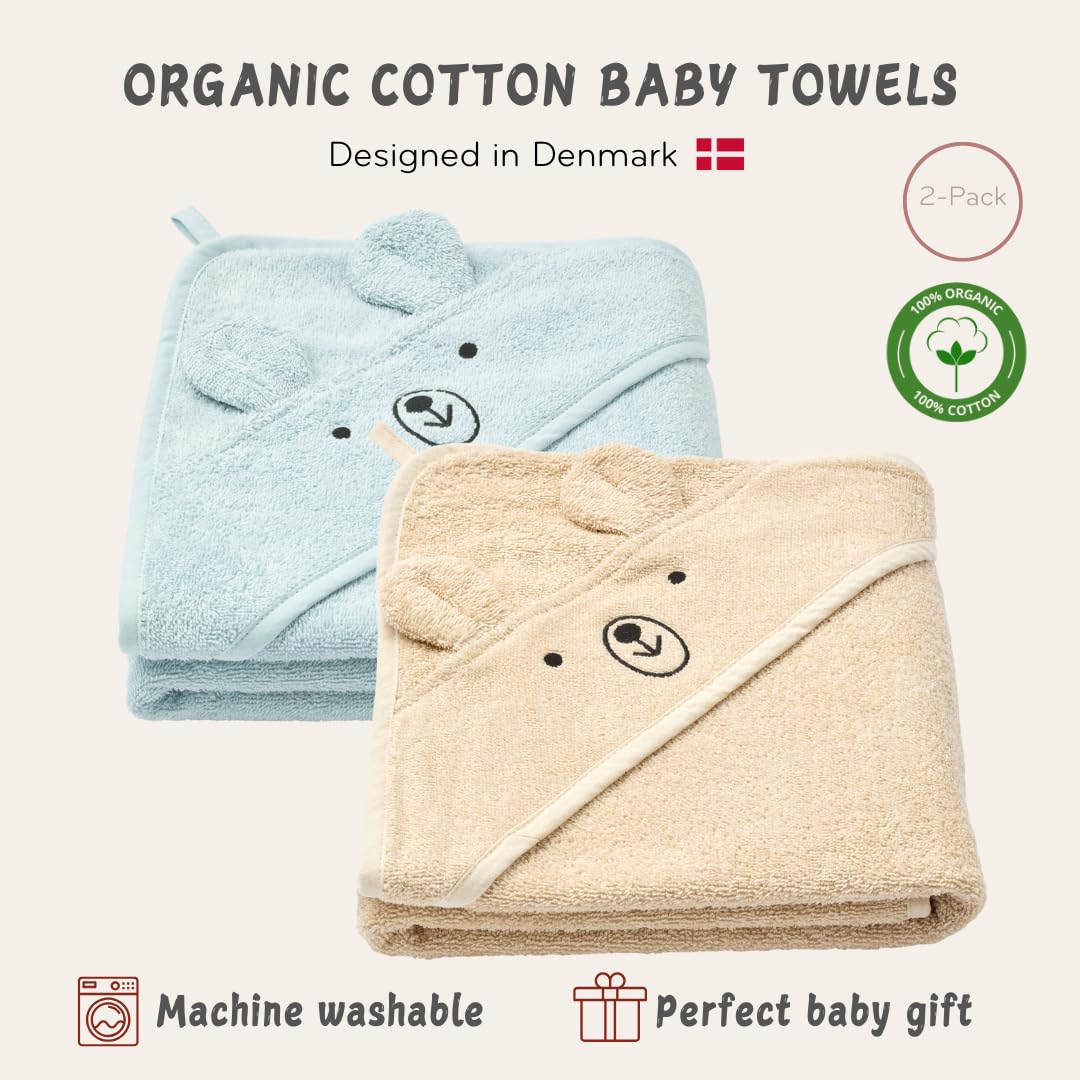 Baby Hooded Towel – Organic Cotton Baby Bath Towels, 32" x 32" Super-Soft and Absorbent Baby Towels for Newborn 2-Pack (Bear Fog/Baby Blue)