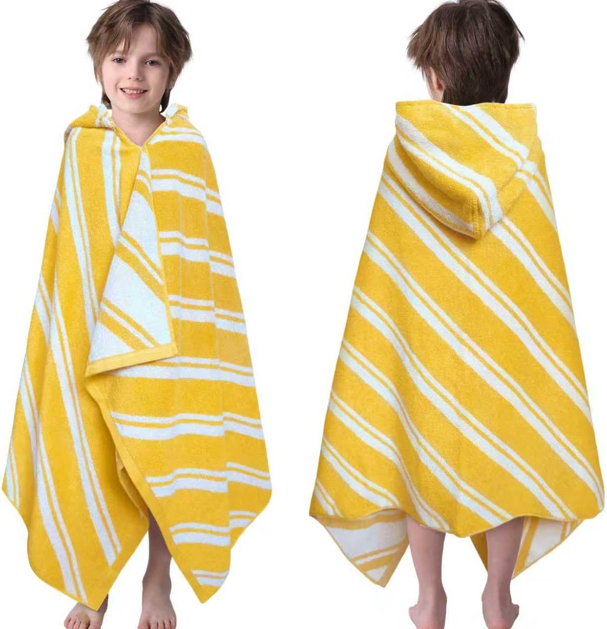 VOOVA & MOVAS Hooded Bath Towels for Kids (3-10Years,27.5"x55"),100% Cotton Absorbent Soft Towel Wrap for Toddler Boys,Perfect for Bathroom | Pool | Beach | Swimming, Jacquard Yellow Stripe