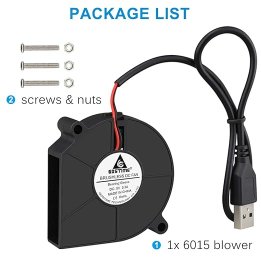 GDSTIME 5V USB Blower Fan 60mm, 60mm x 60mm x 15mm Brushless DC Cooling Blower Fan