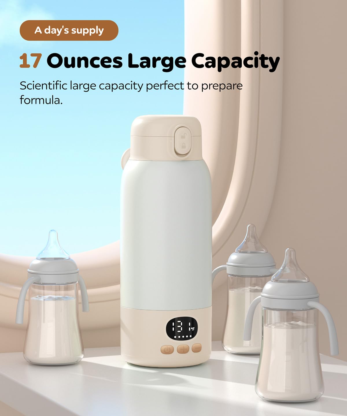 Portable Bottle Warmer for Travel, Milk Warmer for Breast Milk Formula & Water with Fast Heating & Smart Temperature Control,17oz Large Capacity