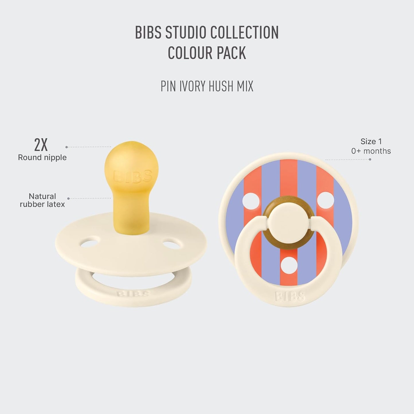 BIBS Pacifiers - Studio 2 Pack | Round Nipple Baby Pacifier | BPA Free Natural Rubber Latex Soother | Made in Denmark | Size 0+ Months | Pin Ivory Hush