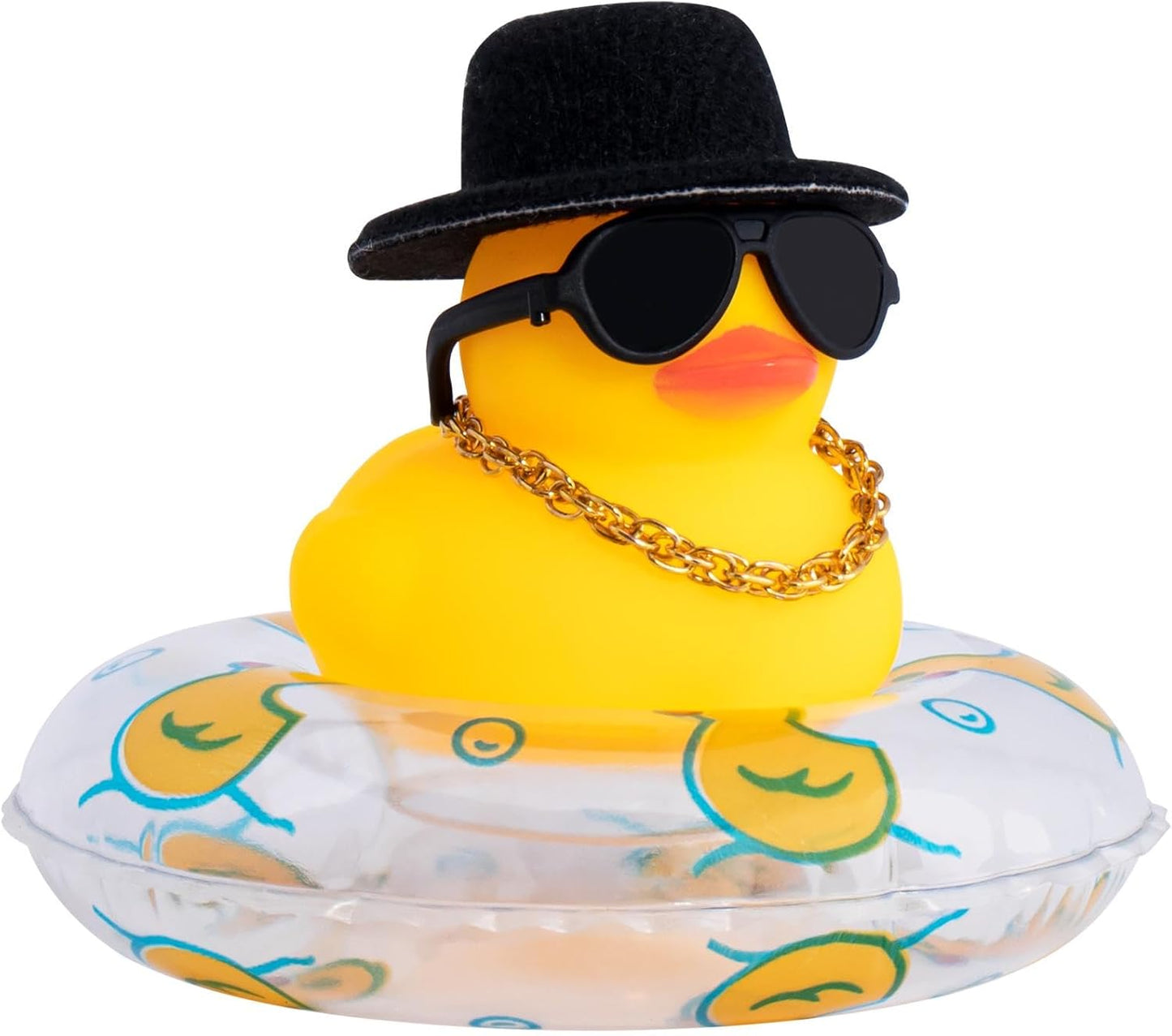 wonuu Car Rubber Duck, Yellow Duck Decoration Dashboard with Sun Hat Swim Ring Necklace Sunglasses for Car Dashboard Decorations, Black Top Hat-Transparent