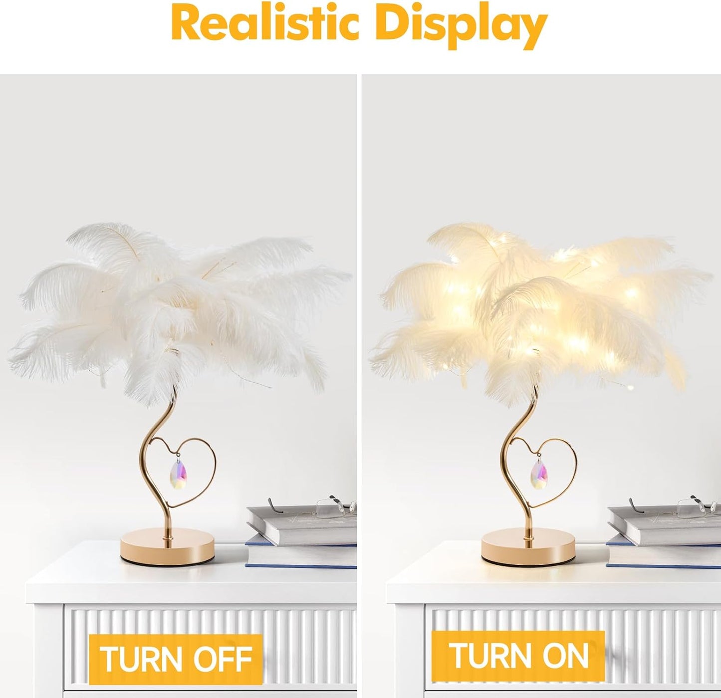 White Ostrich Feather Lamp Princess Fluffy Bedside Lamp Romantic Feather Table Lamp Nightstand Light for Girl Bedroom Wedding Decor Valentine Dating Living Room Hotel Office