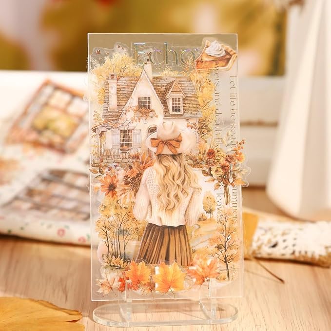 Fall Landscape Pre-Cut Autumn Journal Sticker Book, Transparent PET Watercolor