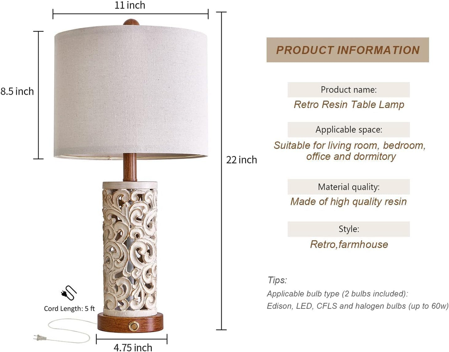 OYEARS 3-Way Dimmable 22'' USB A+C Touch Control Table Lamp Set of 2 with Nightlight for Living Room Bedroom Farmhouse Bedside Nightstand Lamps (Brown, Bulb Included)