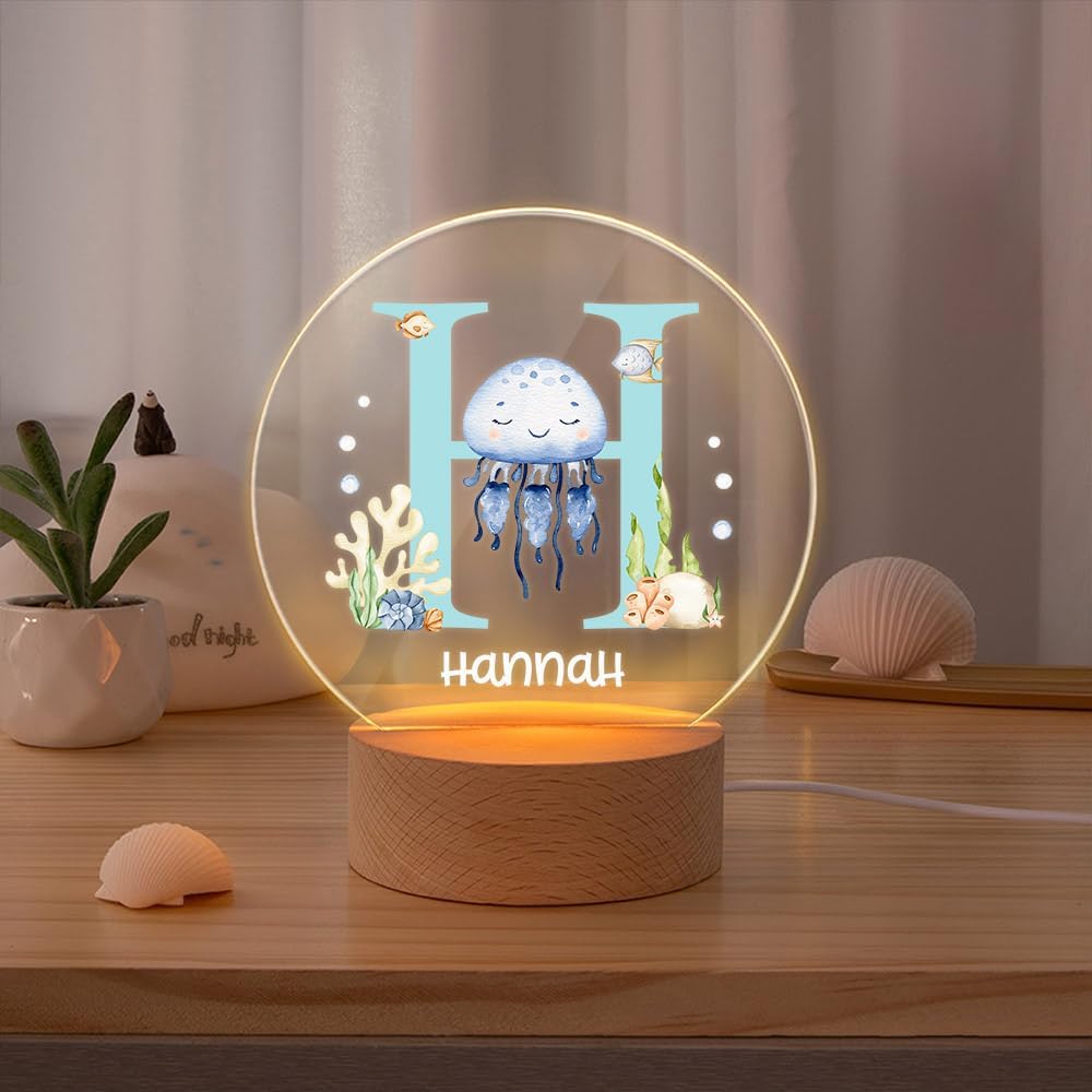 callie Acrylic Night Light Name Plate Personalized, Custom Cute Fox Deer Turtle Forest Animal with Wooden Base Bedroom Decor, Birthday Gifts Kid Gifts for Family (Animaux Marins)