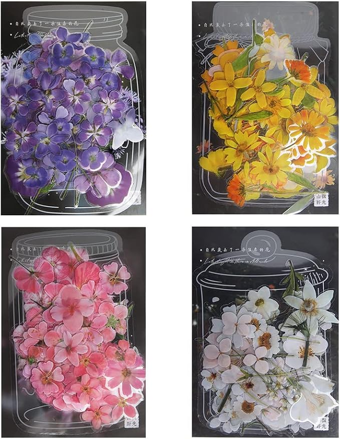 Acxico 160 Pcs Retro Floral Stickers Set PET Transparent Flower Stickers