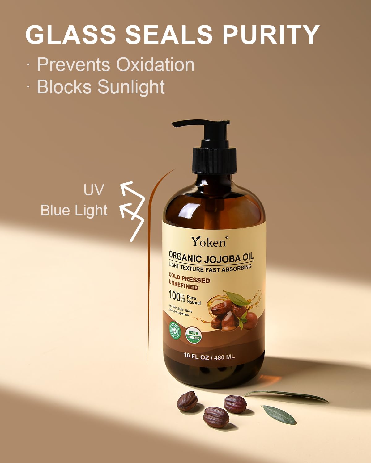 Organic Jojoba Oil Glass Bottle 16 fl oz, USDA Certified 100 Pure & Natural Jojoba Oil for Hair, Skin & Face, Cold Pressed Unrefined Hexane Free, Deeply Moisturizing Body Serum for Gua Sha