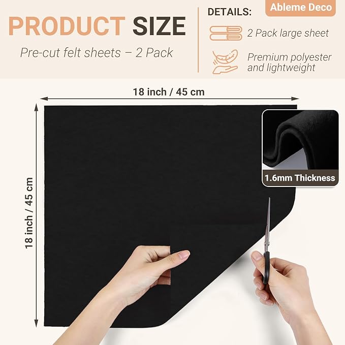 Black Felt Fabric Sheets 18" x 18" 1.6mm Soft Craft Felt Squares | Soft Precut