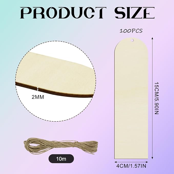 100 PCS Unfinished Wood Bookmark, Arch Wooden Bookmark DIY Bookmarks Tag Label