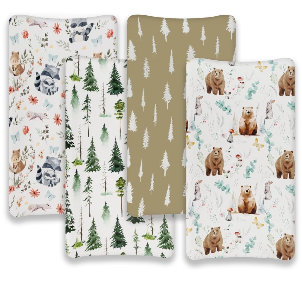 4 Pack Changing Pad Covers Woodland Forest Animals Wood Neutral Unisex Fitted Baby Changing Pad Cover Set for Baby Boys or Girls (Cartoon Beer)
