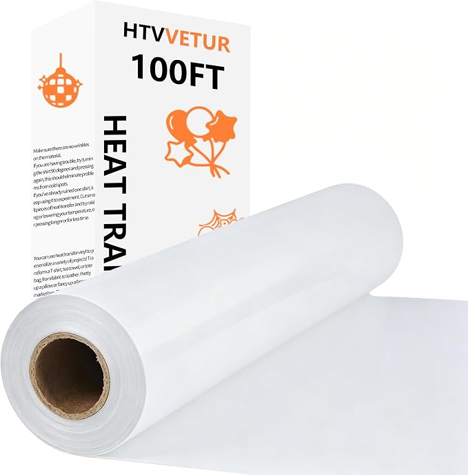 HTVVETUR White Iron on Vinyl Roll 12" x 100ft, HTV Heat Transfer Vinyl