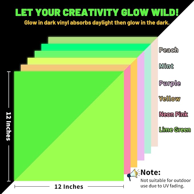 TECKWRAP Glow in Dark Matte Neon Adhesive Craft Vinyl Precut Sheets 12" x 12" 6