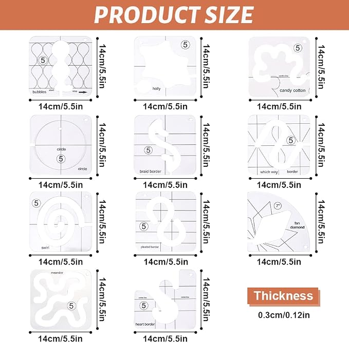 14 PCs Free Motion Quilting Template Set Includes 11 Quilting Templates