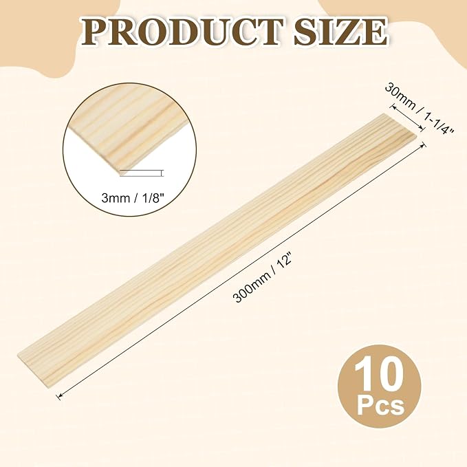 MECCANIXITY 10Pcs Wood Strips Slats, 1/8" x 1‑1/4" x 12" Thin Wood Sticks Flat