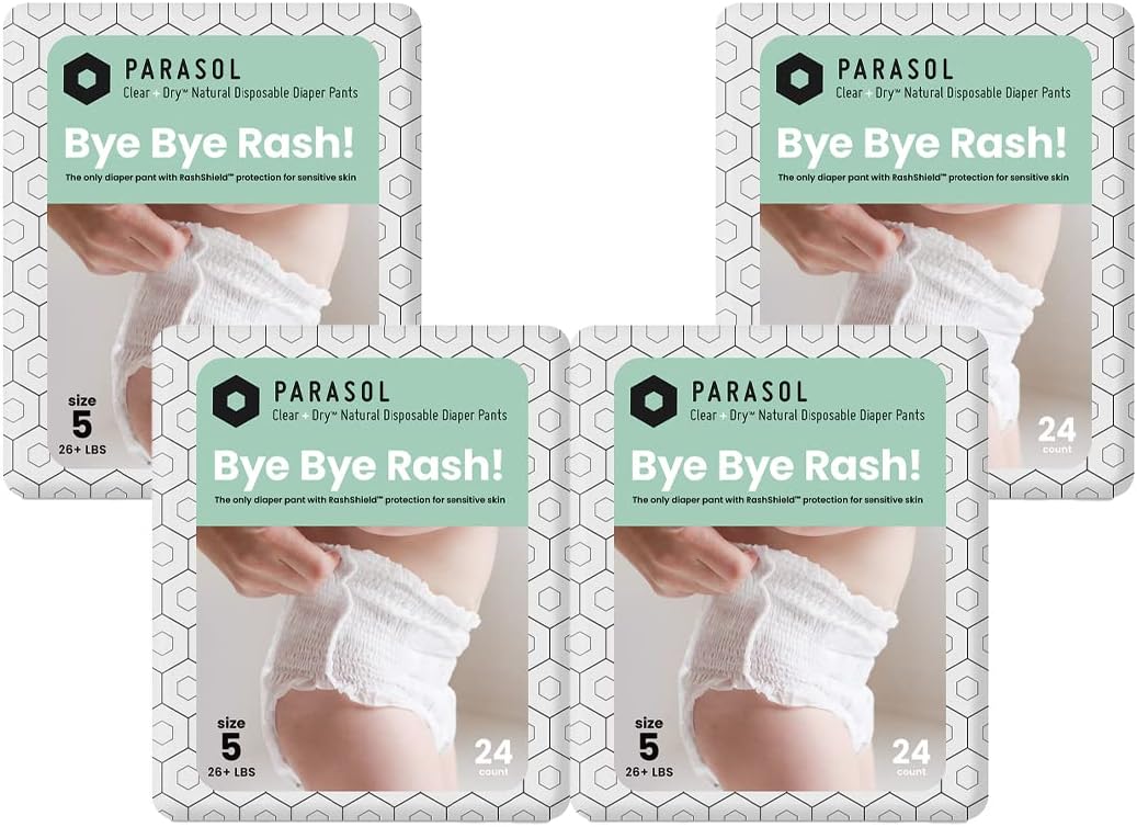 Parasol Clear+Dry Natural Disposable Diaper Pants, RashShield Protection and Active 360 Comfort Wrap, Hypoallergenic Training Diapers, Size 5 (3T-4T), 96 Count