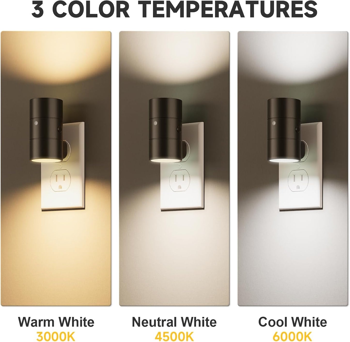 NIORSUN Night Lights Plug into Wall, Dimmable with 3 Color Modes & Auto On/Off Sensor, Ultra-Slim Nightlight for Hallway, Bathroom, Bedroom, Nursery, Kitchen (2 Pack, Black)