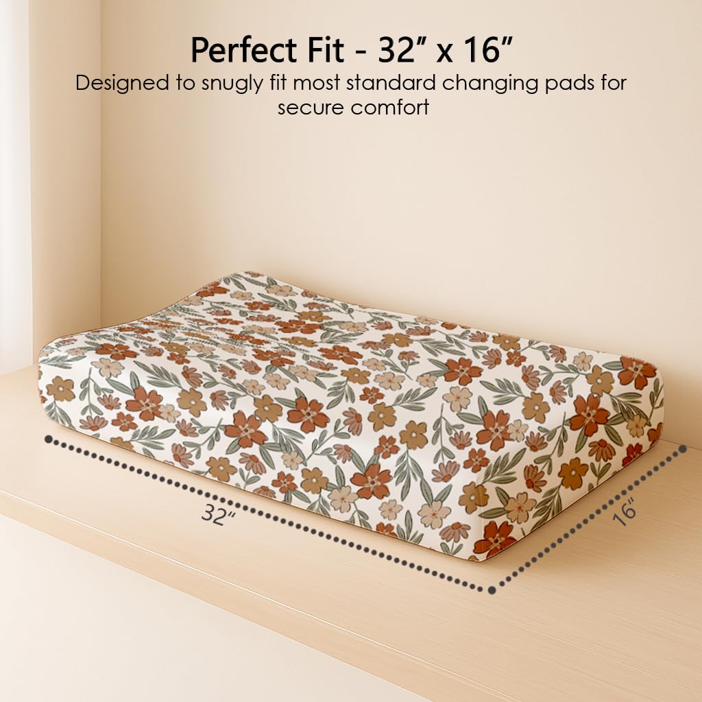 Changing Pad Cover for Baby Boys Girls 2 Pack, Fits Standard 32”×16” Changing Table Pads, Silky Breathable Stretch Knit, Machine Washable (Rusty Garden)