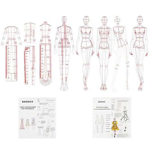 EXTCCT Fashion Drawing Template Ruler Set, Woman Sewing Humanoid Patterns Design