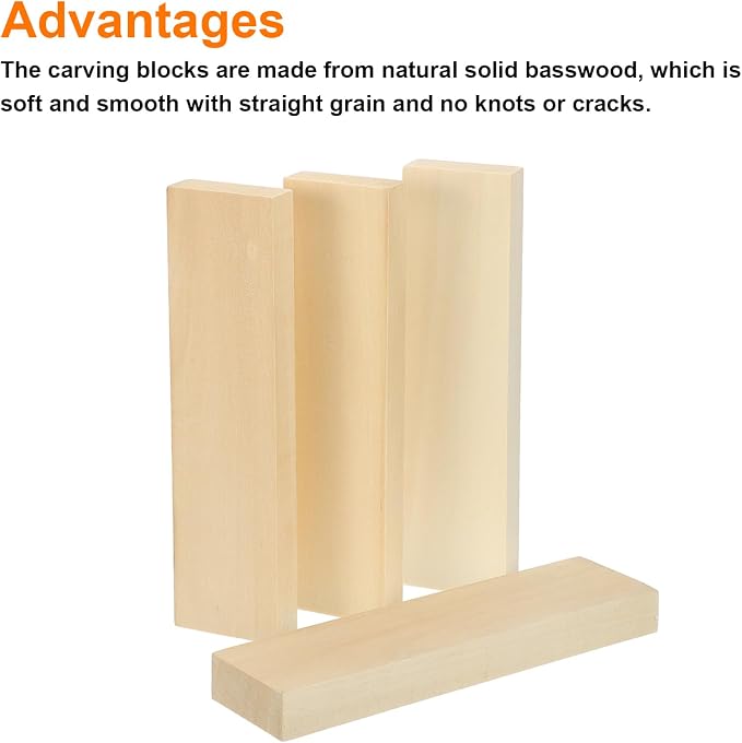 MECCANIXITY 4Pcs Basswood Carving Block, 0.8"x2"x8" Square Wooden Dowels Blocks