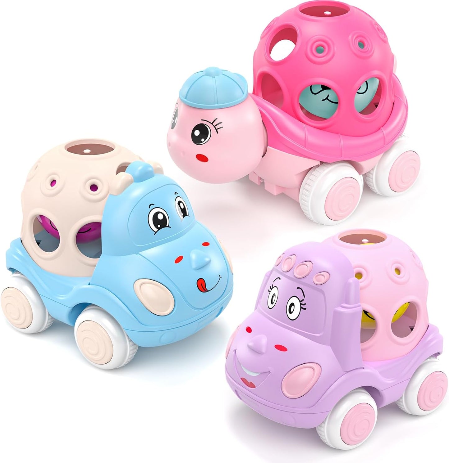 Baby Girl Toys Gifts for 1 2 Year Old Girls, Pink Cars for Babies 6-12 12-18 Months, Push and Go Trucks for Toddlers, Soft Rattle and Roll Toys for One & 1+ Infants First Birthday Gift