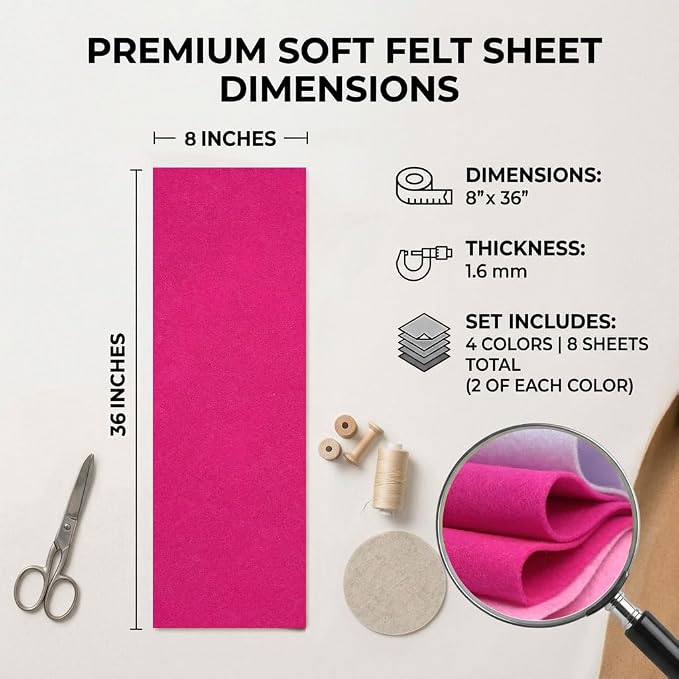 Pink Felt Fabric Sheet 8" X 36", 1.6mm Thick 8 Pack 4 Colors Assorted | Soft
