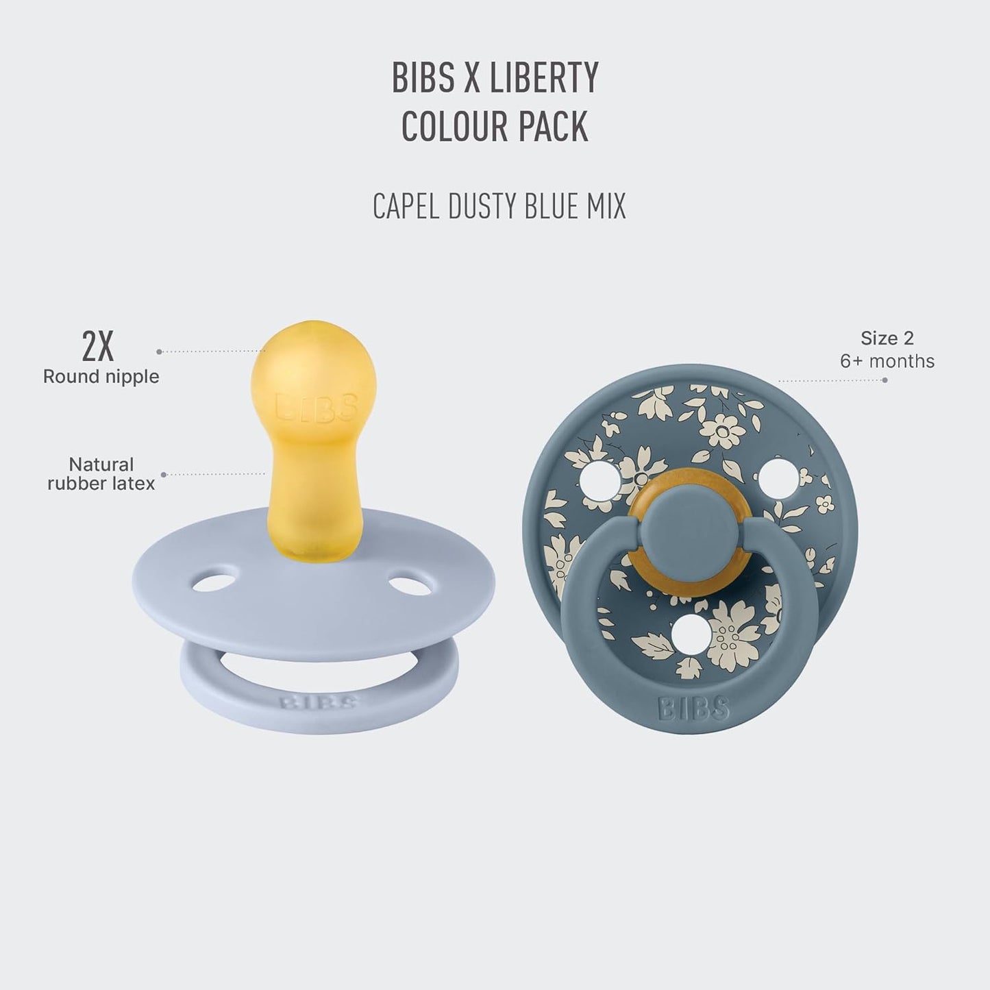 BIBS Colour Liberty Soother 2-Pack, BPA Free Dummy Pacifier, Round Nipple. Natural Rubber Latex, Made in Denmark, Size 2 (6-18 Months), Capel Dusty Blue
