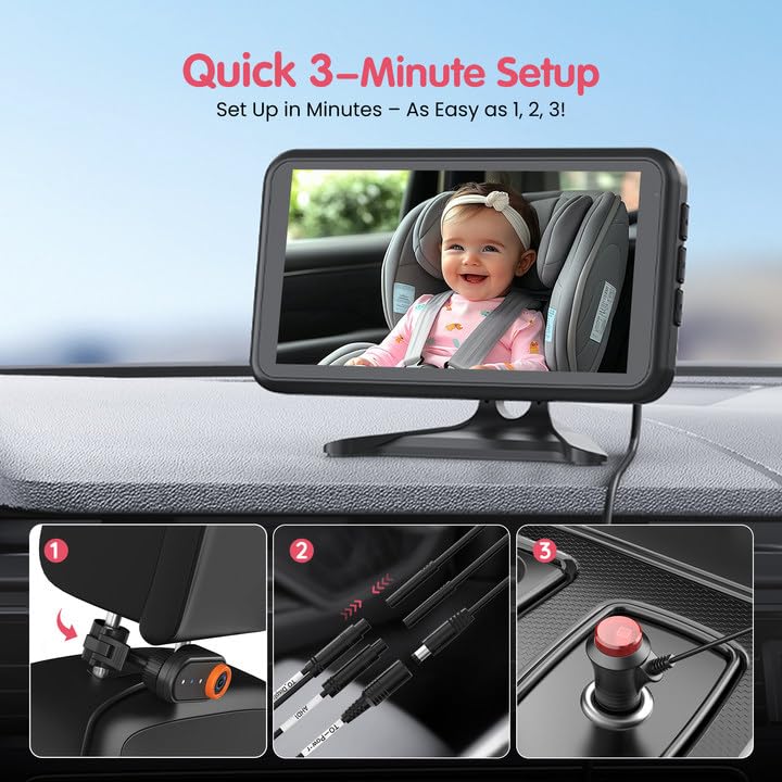 BM2A Baby Car Camera – 3X Zoom to See Baby Clearly, 5.2" 1080P Display & Auto IR Night Vision, Rear-Facing View Monitor, Easy Install for Parents & Pet Owners