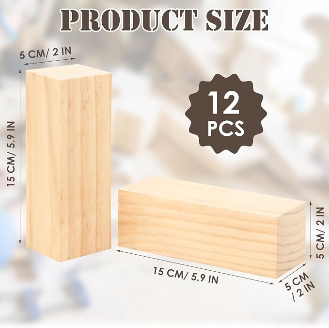 SHUESS 12 Pcs Wood Blocks, 5.9 X 2 X 2 Inch Unfinished Wood Crafts, Wood