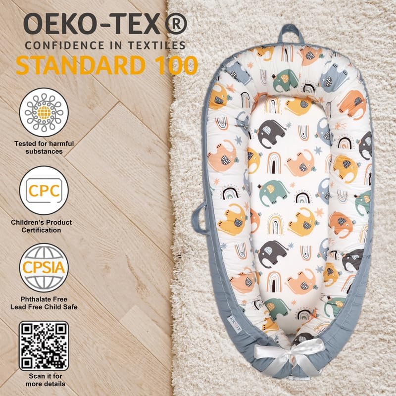 Organic Cotton Baby Lounger – Reversible, Portable, Soft & Breathable with Washable Cover | Perfect for Awake-Time Use Only - Big Elephant