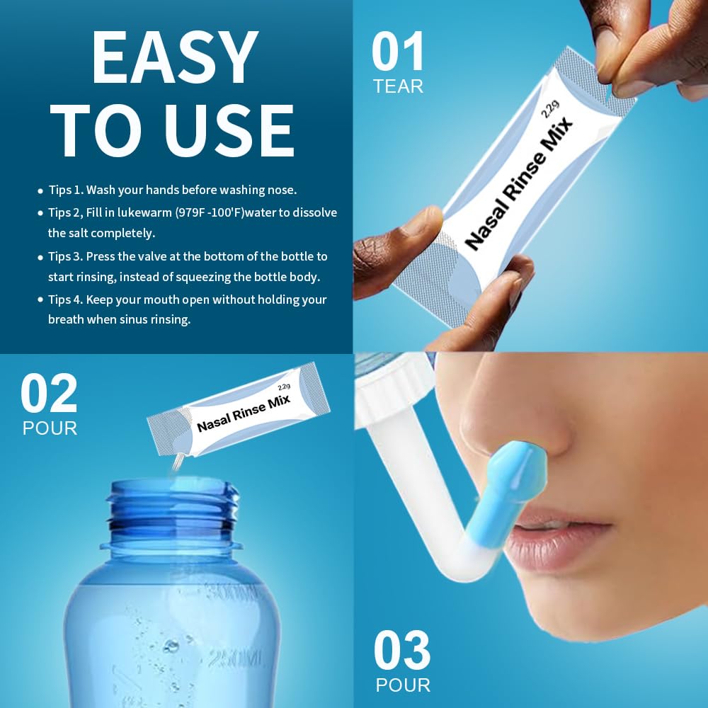 YUECIOIY Nasal Cleaning Bottle Sinus Rinse Bottle Cleaner Pressure Irrigation Net Pot with Sticker Temperature Gauge, Suitable for Adults and Children 240ml with 20 Nasal Cleaning Saltpacks