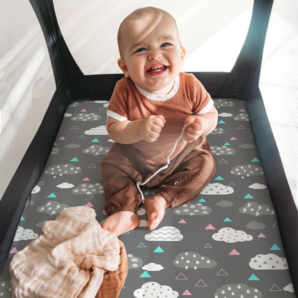 Pack n Play Sheets, BROLEX 2 Pack Mini Crib Sheets,Stretchy Portable Fitted Playard Sheet Set, Convertible Playard Mattress Cover,Ultra Soft Breathable Material,Whale Cloud