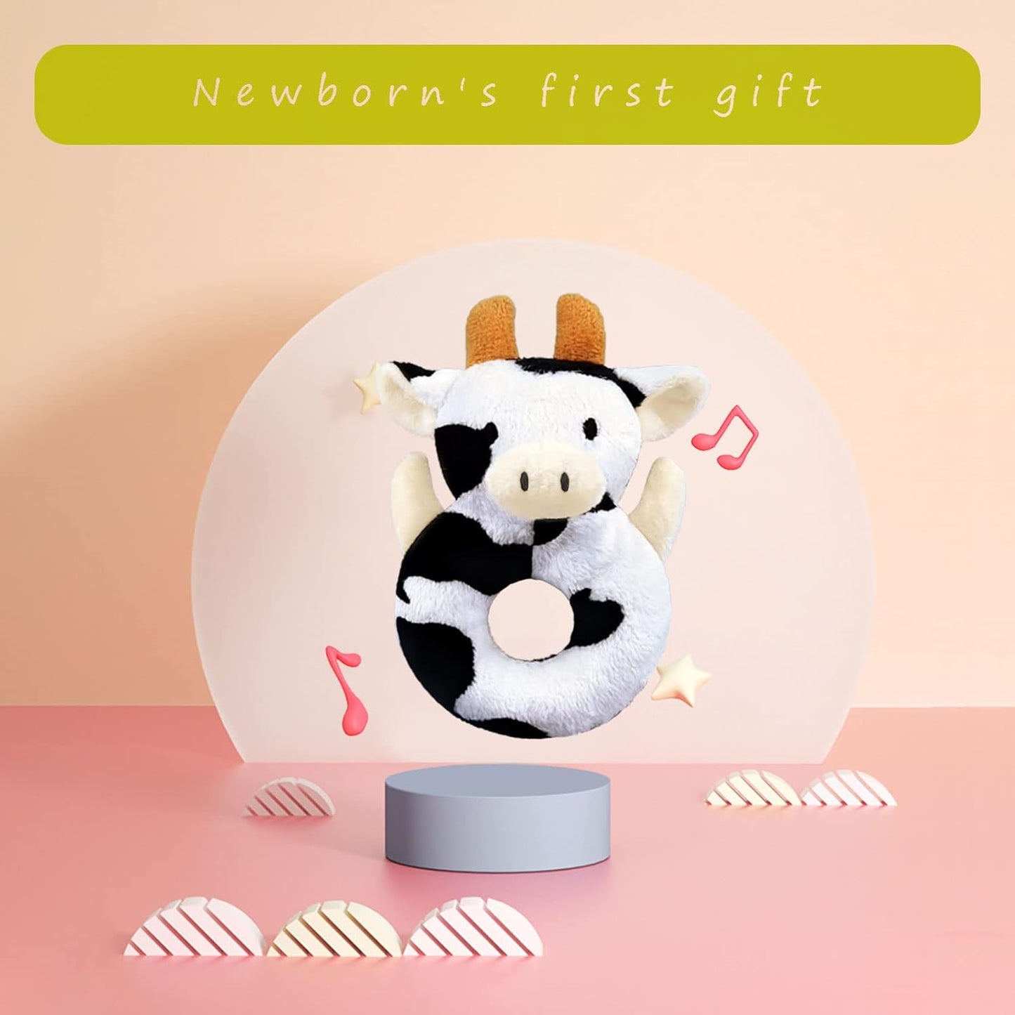 Baby Cow Soft Rattle Toy, Dairy Cattle Plush Infant Shaker Rattle Easy-Grasp Stuffed Animal Toy, Gifts for Newborns Babies Toddlers Boys Girls, Orange Horns, 6 Inches