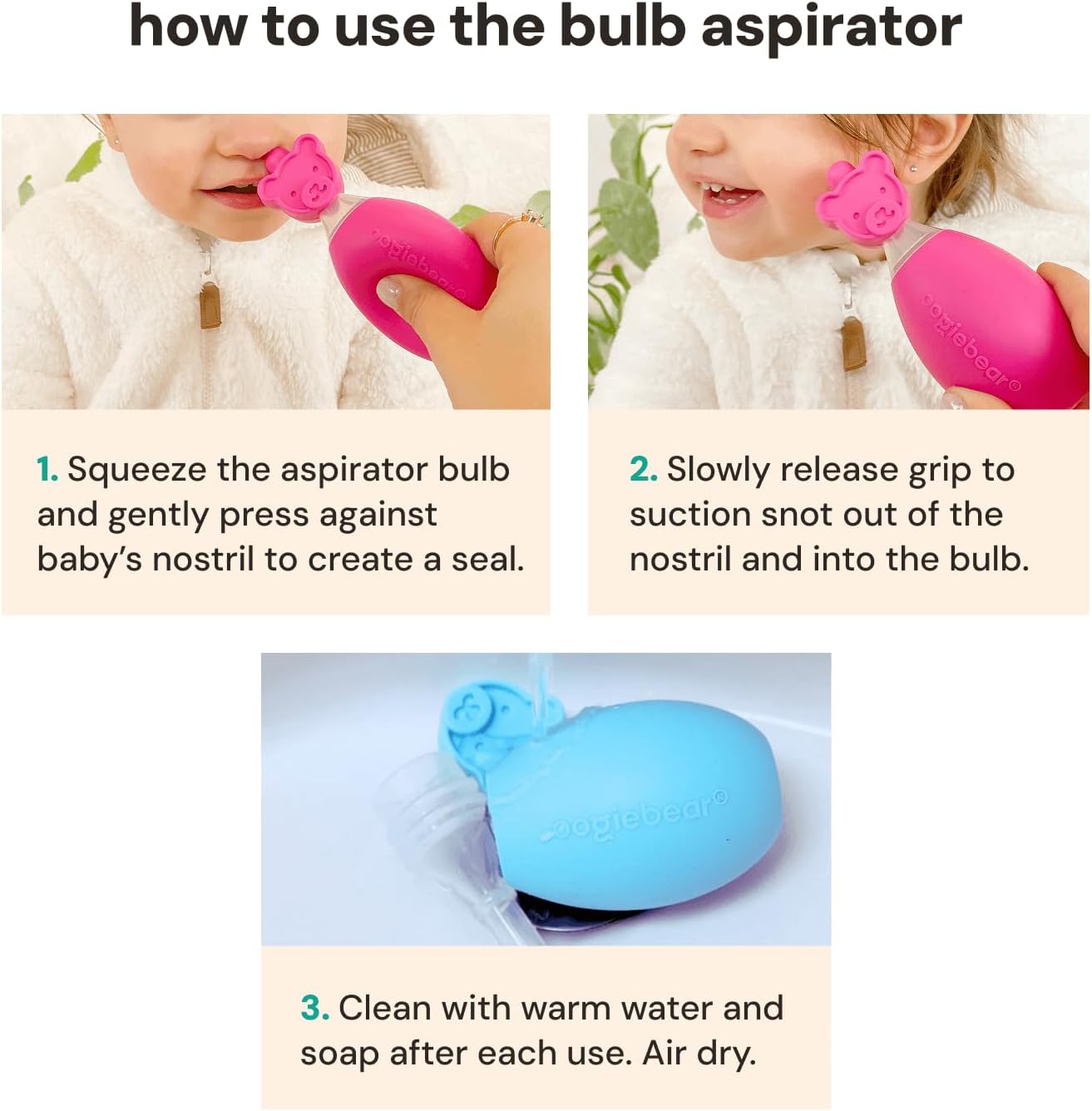 oogiebear BearPair Silicone Bulb Baby Nasal Aspirator and Ear & Nose Syringe, Safely Sucks Snot and Removes Mucus, Cleanable and Reusable, Grey
