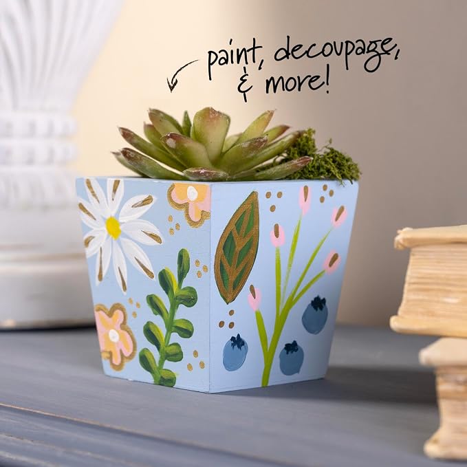 Plaid Unfinished Wood Square Planter
