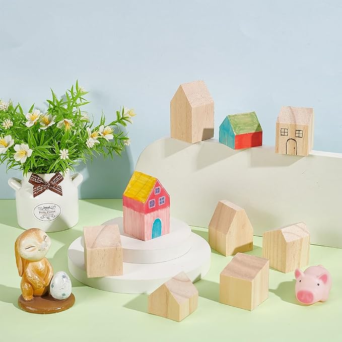 NBEADS 10 Pcs Unfinished Wooden House Shaped Blocks, Large Wood Blocks