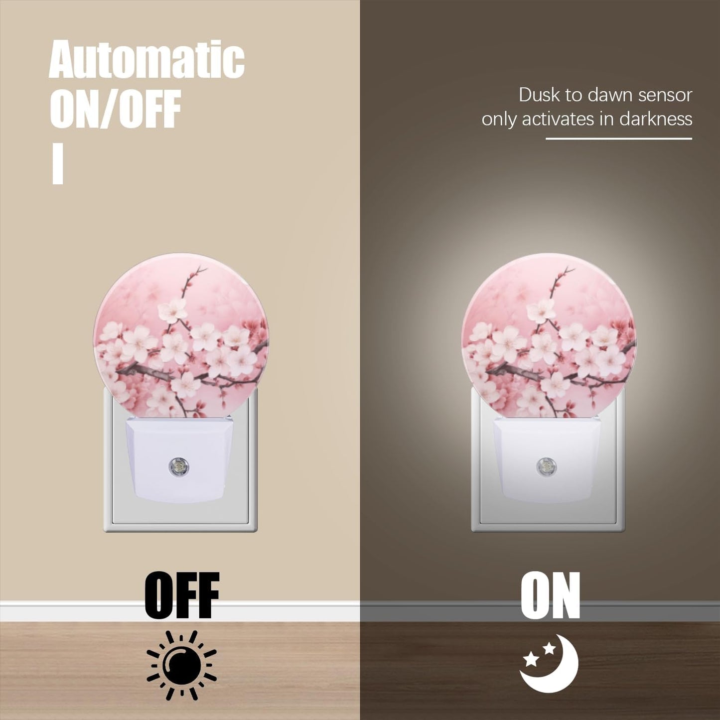 Round LED Night Lights Lamp with Dusk to Dawn Sensor, Delicate Pink Background with Cherry Blossoms Night Light Plug Into Wall for Kids Room, Bedroom, Bathroom, Kitchen, Hallway